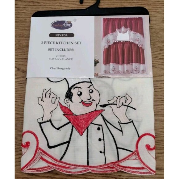 3pc. Embroidery Curtains Set:2 Tiers & Swag (60"x36") FAT CHEF ON BURGUNDY, LX - Picture 1 of 12
